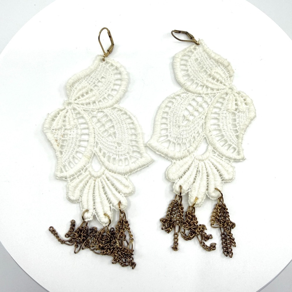 Boho Lace Statement Earrings White Fabric Drop Dangle Fringe Festival Jewelry